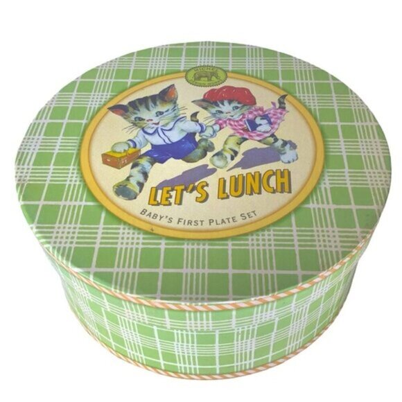 Michel Design Works Baby’s First Plate Set Feeding Boxed Plaid Set Green White - Picture 5 of 16